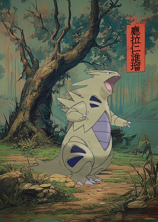 Tyranitar Pokemon in a forest with a red banner with text