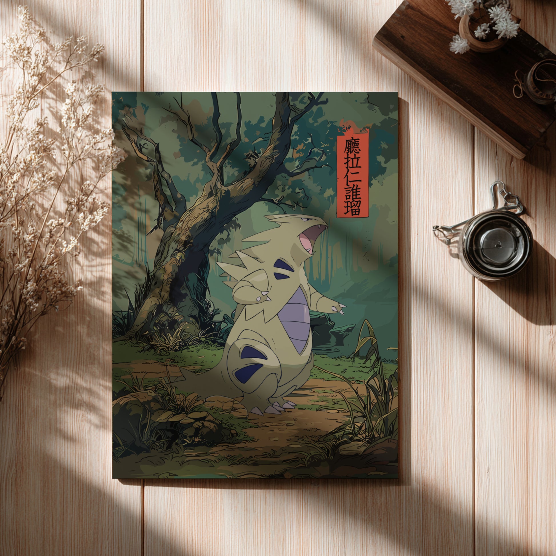 Illustrated poster with Tyranitar Pokemon in a forest setting on a wooden surface.