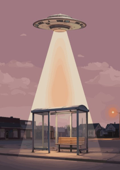 Poster featuring a glowing UFO beaming light onto an empty suburban bus stop bench.