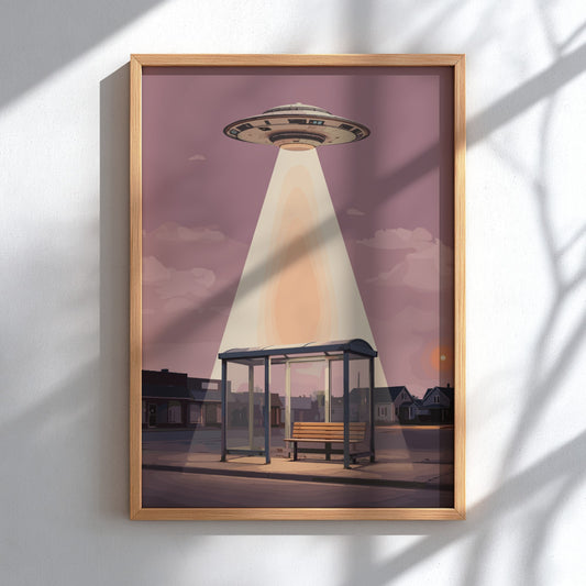 Poster featuring a glowing UFO beaming light onto an empty suburban bus stop bench.