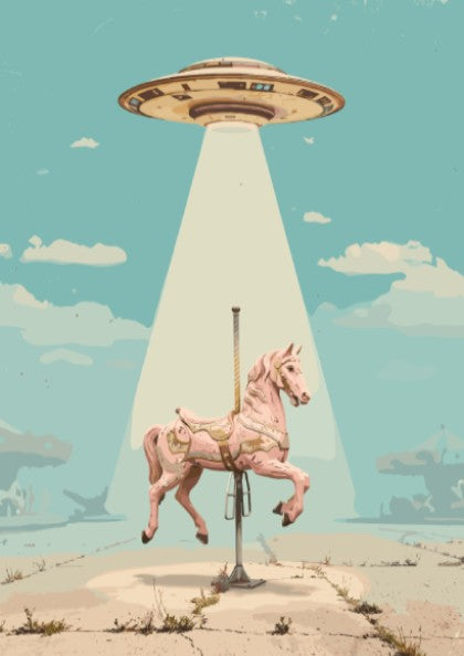 Poster featuring a vintage carousel horse being lifted by a glowing UFO saucer