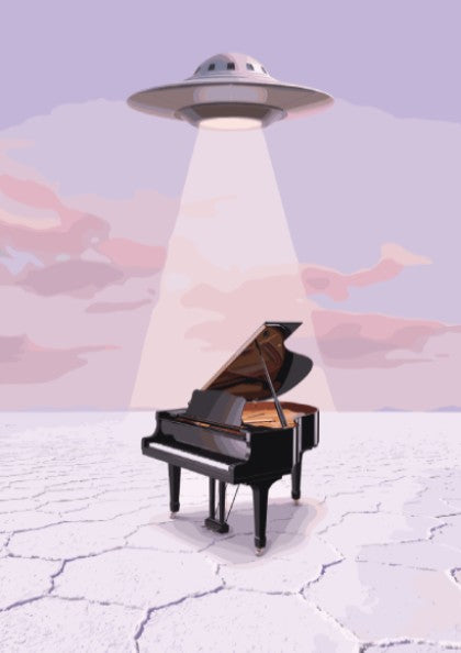 Poster featuring a grand piano being abducted by a UFO in a desert.