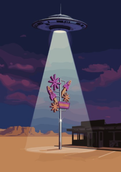 Poster featuring a glowing UFO beaming light onto a retro rocket diner sign