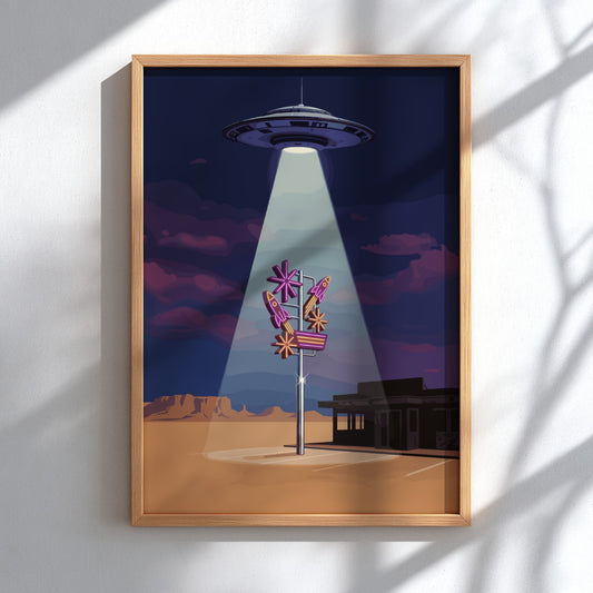 Poster featuring a glowing UFO beaming light onto a retro rocket diner sign