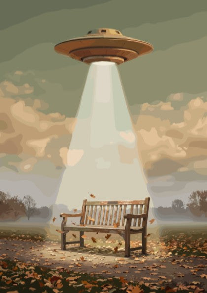 Poster showing a park bench illuminated by a UFO beam in a forest