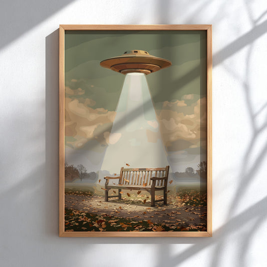 Poster showing a park bench illuminated by a UFO beam in a forest