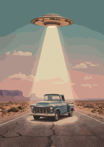 Poster featuring a vintage blue pickup truck under a glowing UFO desert highway