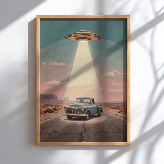 Poster featuring a vintage blue pickup truck under a glowing UFO desert highway