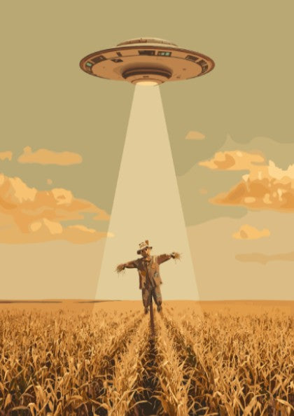 Poster featuring a UFO beaming light down onto a scarecrow in golden wheat.