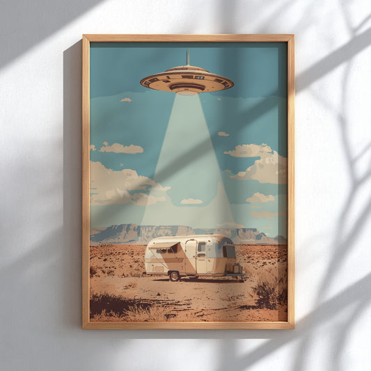 Poster featuring a vintage silver caravan in a desert being visited by UFO