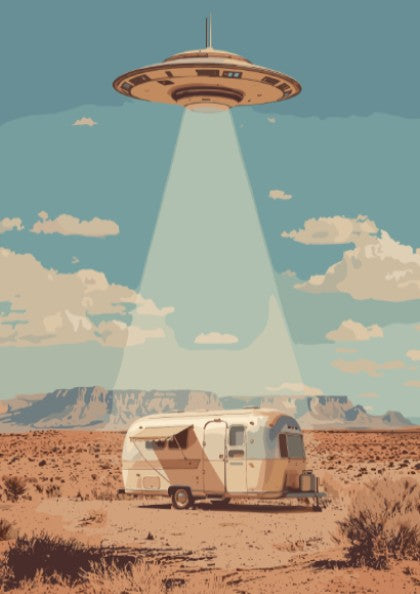 Poster featuring a vintage silver caravan in a desert being visited by UFO