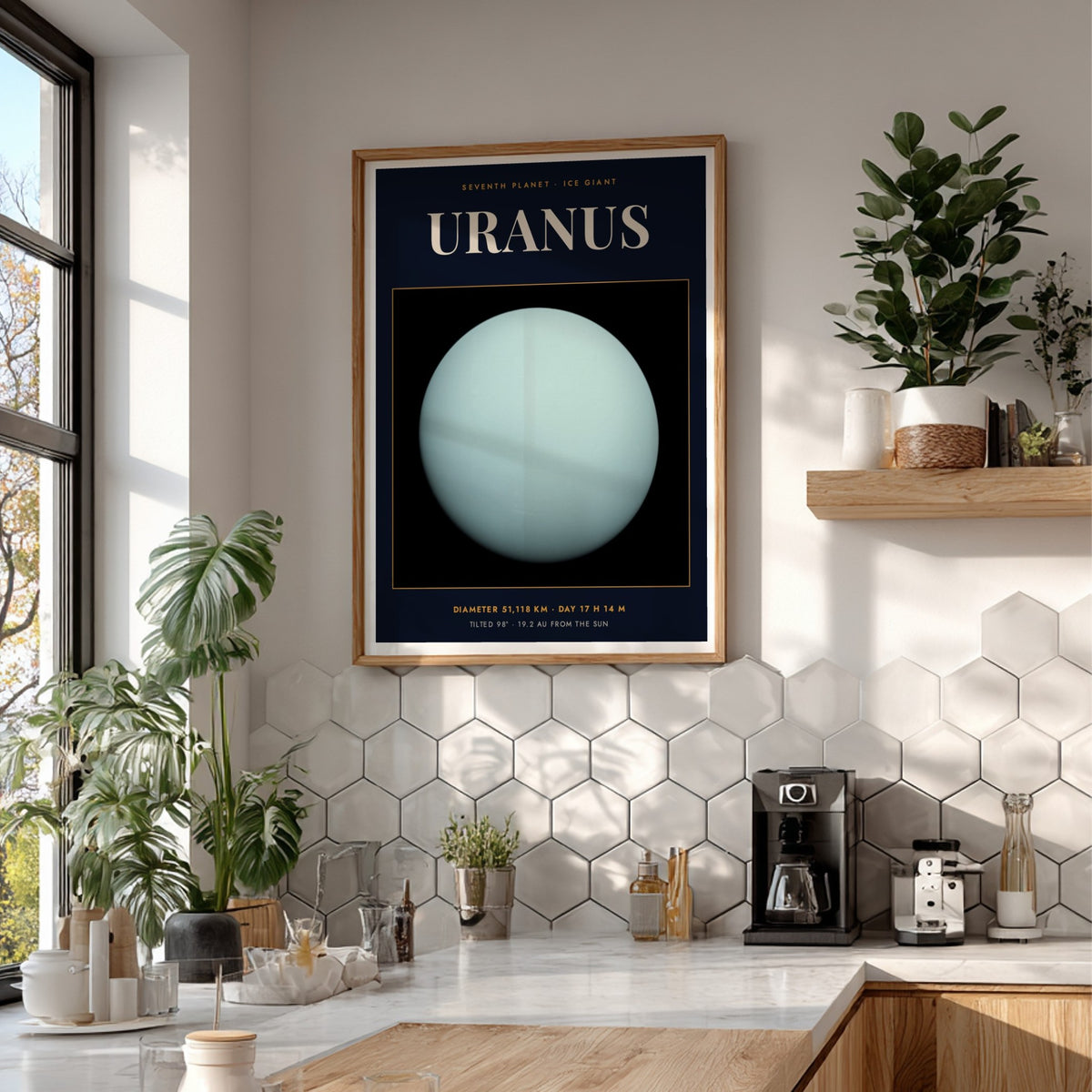 Poster of the planet Uranus featuring a pale cyan sphere against dark navy background.