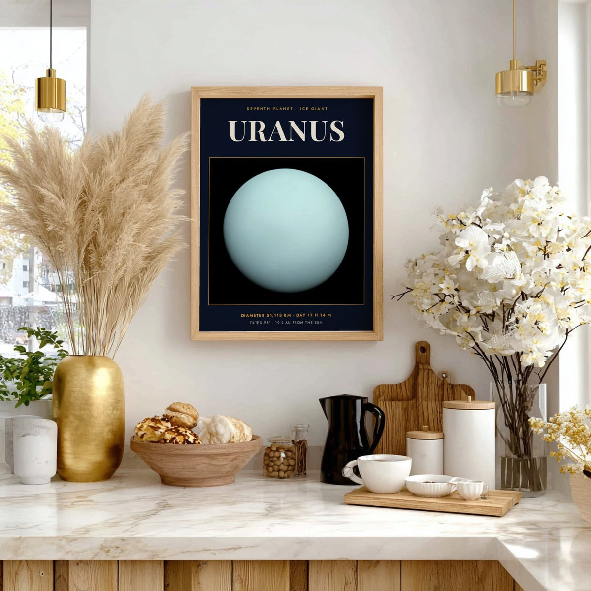 Poster of the planet Uranus featuring a pale cyan sphere against dark navy background.