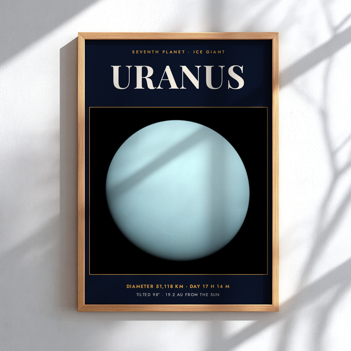 Poster of the planet Uranus featuring a pale cyan sphere against dark navy background.