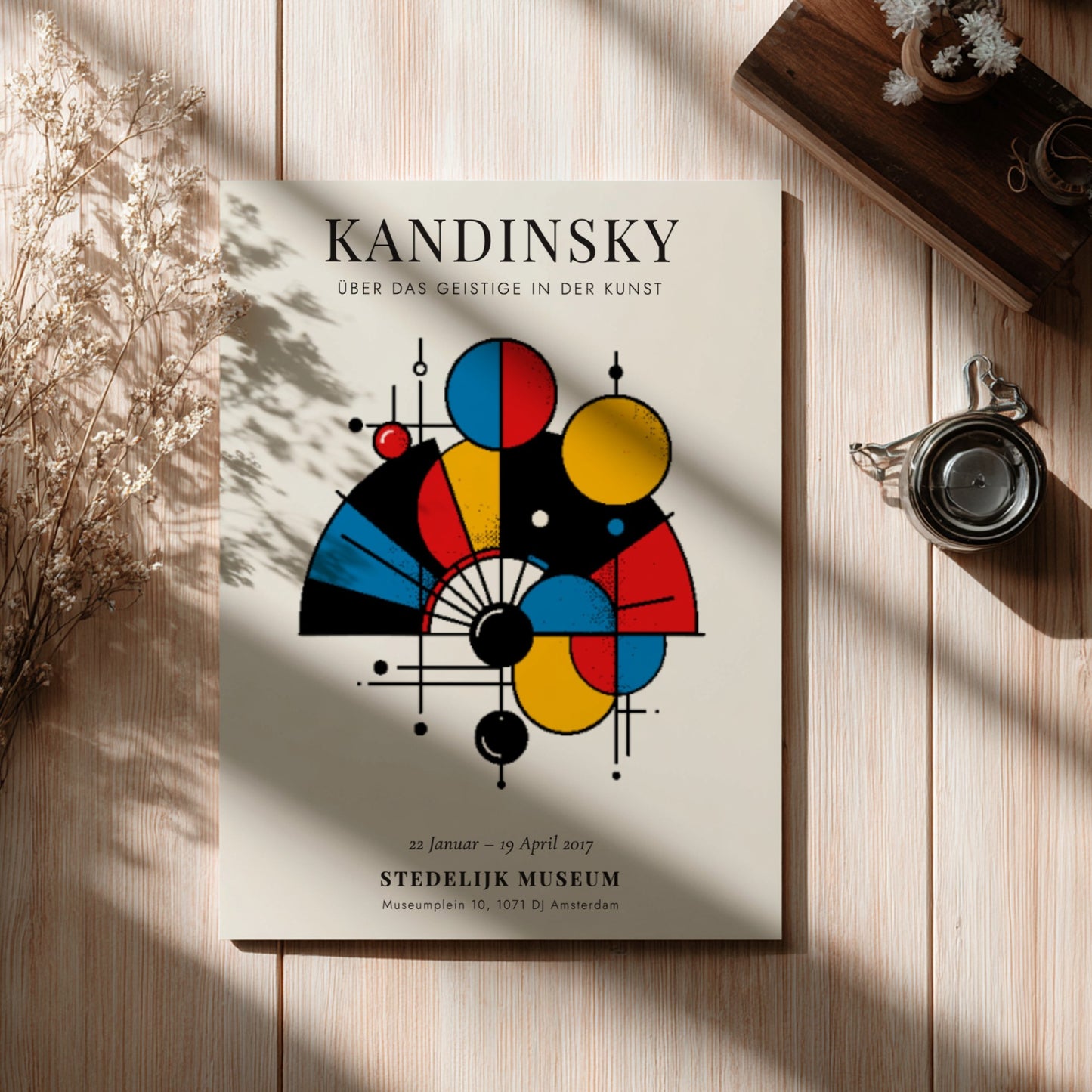 Kandinsky inspired poster featuring abstract shapes and vibrant colors in a modern design