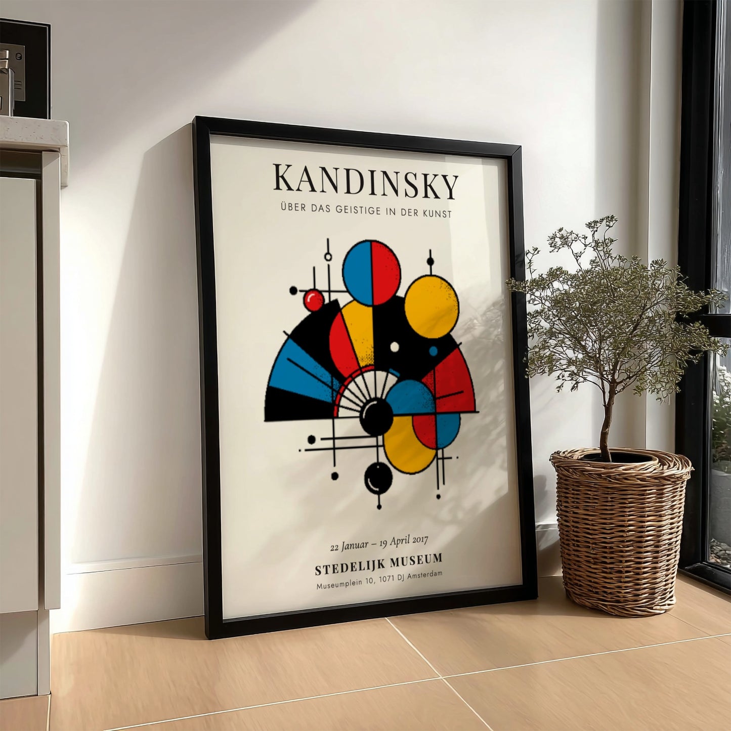 Kandinsky inspired poster featuring abstract shapes and vibrant colors in a modern design