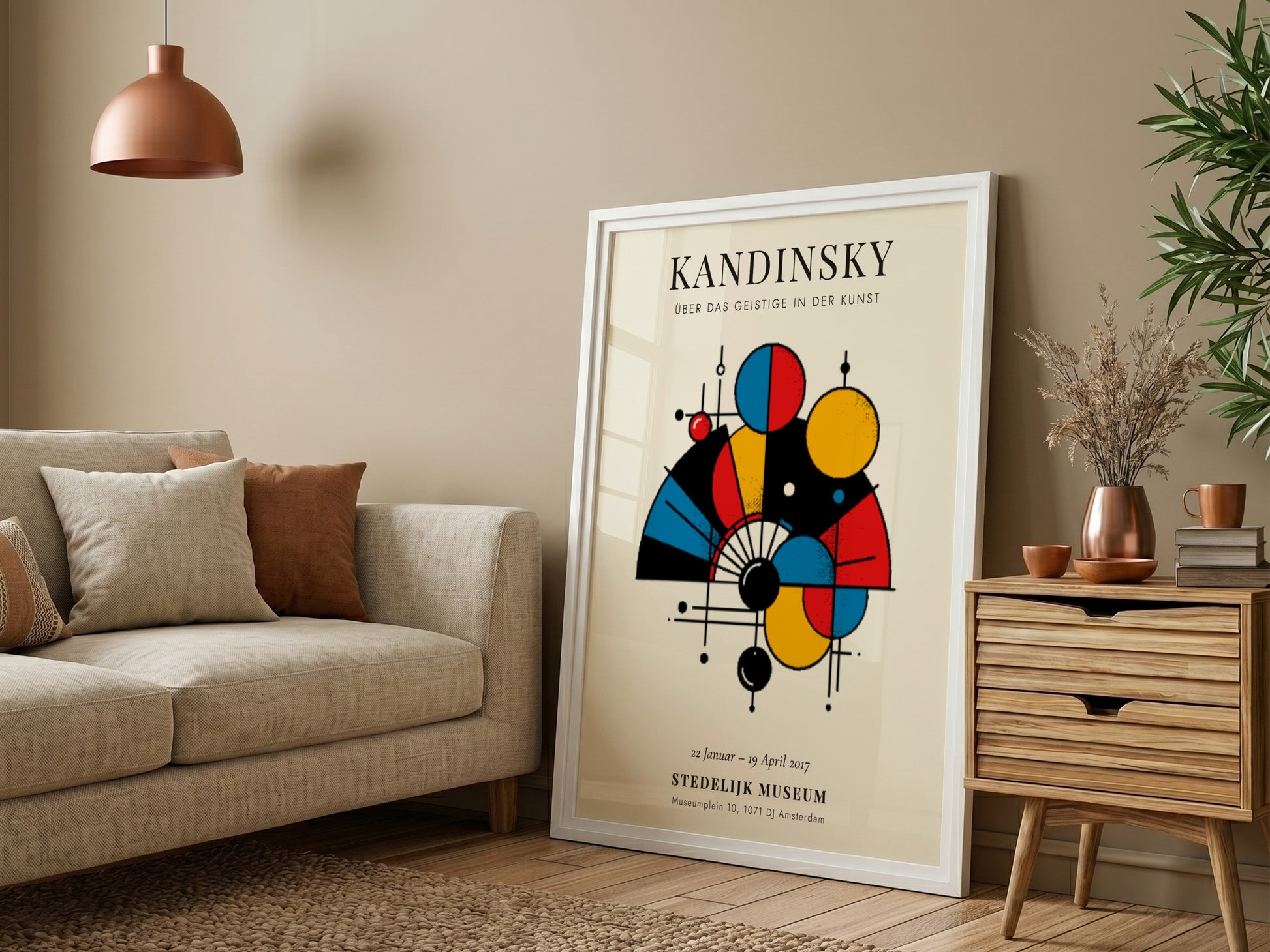 Kandinsky inspired poster featuring abstract shapes and vibrant colors in a modern design