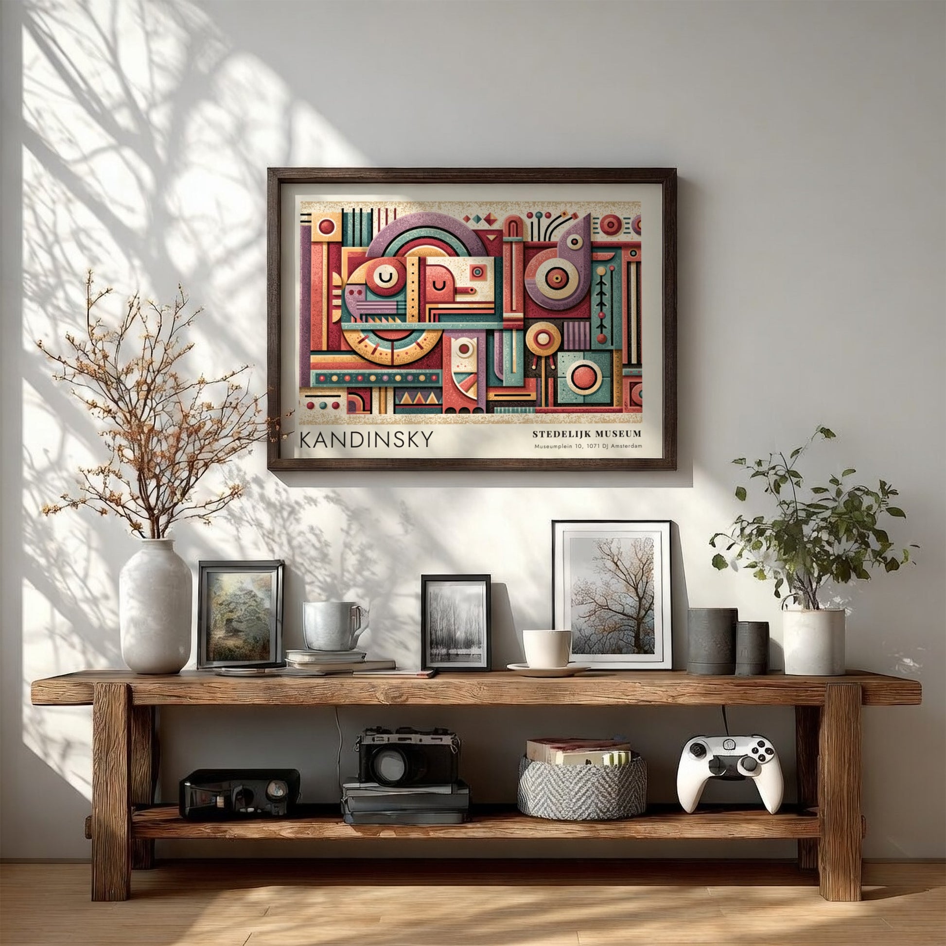 Wall art poster featuring Kandinsky Stedelijk Museum exhibition design with abstract geometric shapes.