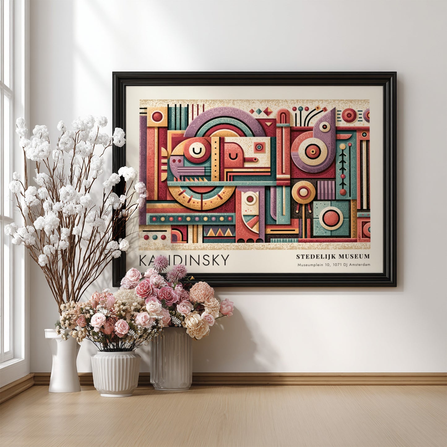 Wall art poster featuring Kandinsky Stedelijk Museum exhibition design with abstract geometric shapes.