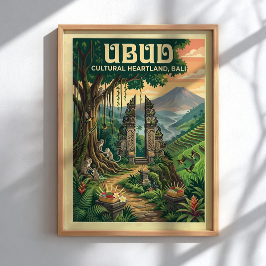Travel poster of Ubud Bali featuring a stone gateway, monkeys, and rice terraces.