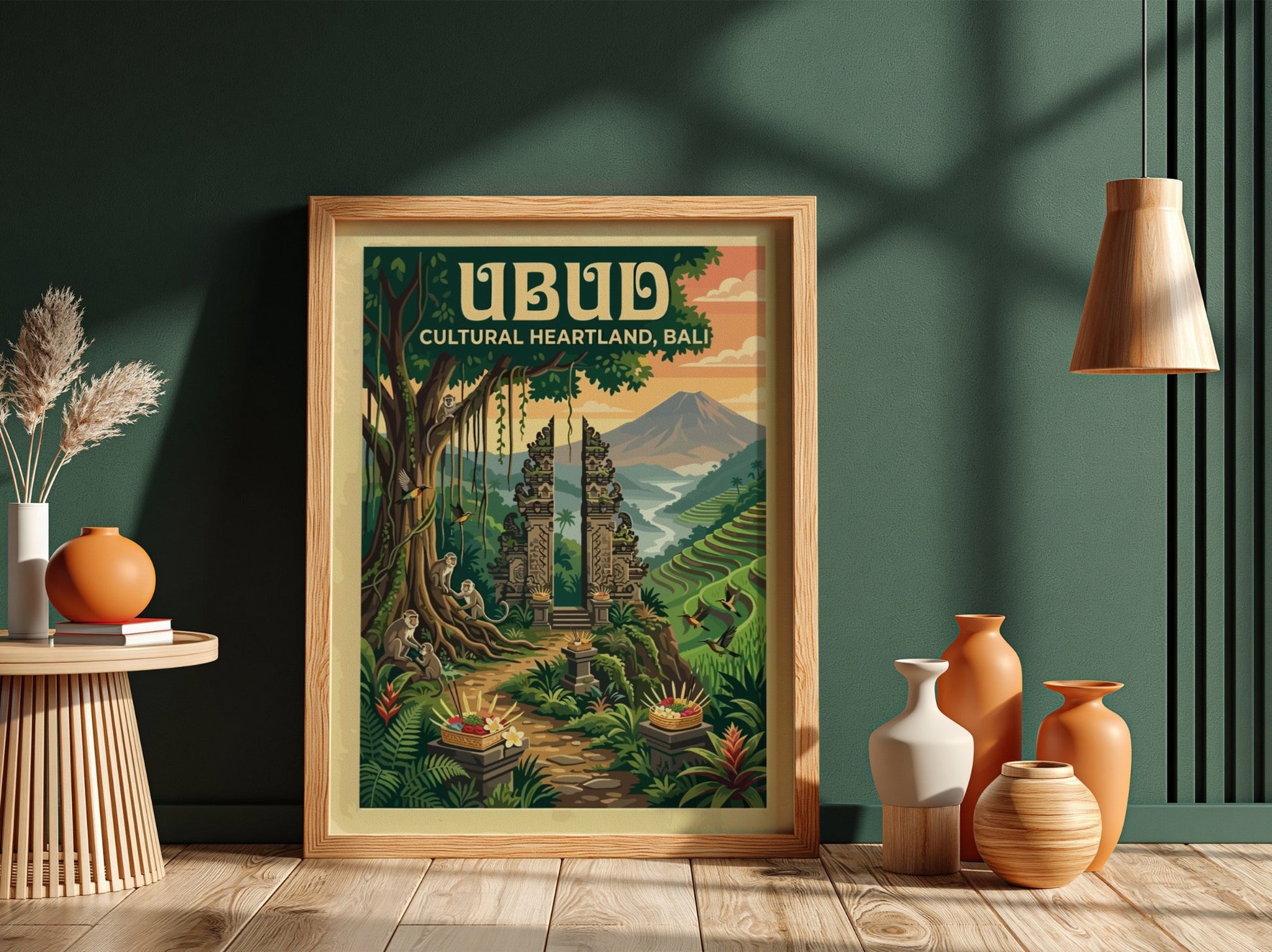 Travel poster of Ubud Bali featuring a stone gateway, monkeys, and rice terraces.