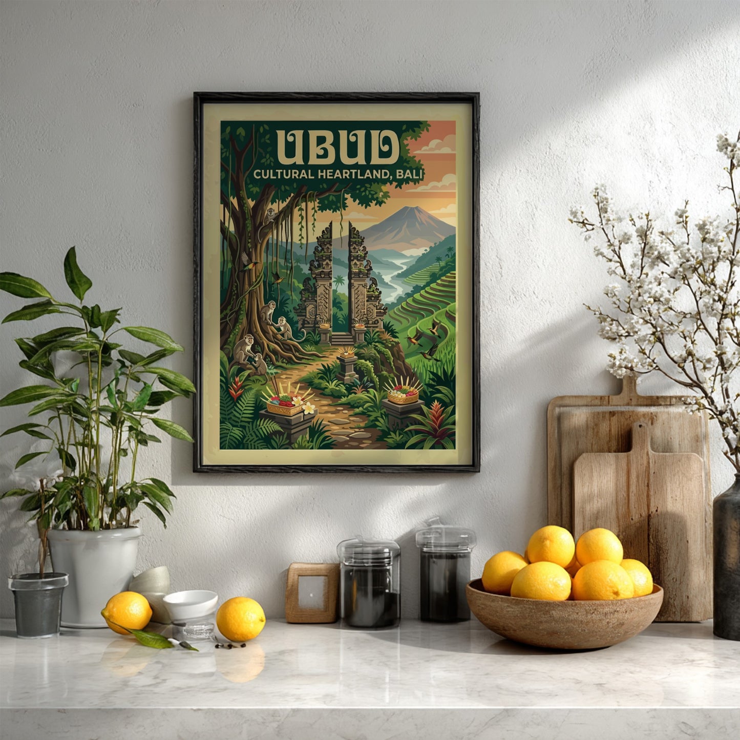 Travel poster of Ubud Bali featuring a stone gateway, monkeys, and rice terraces.