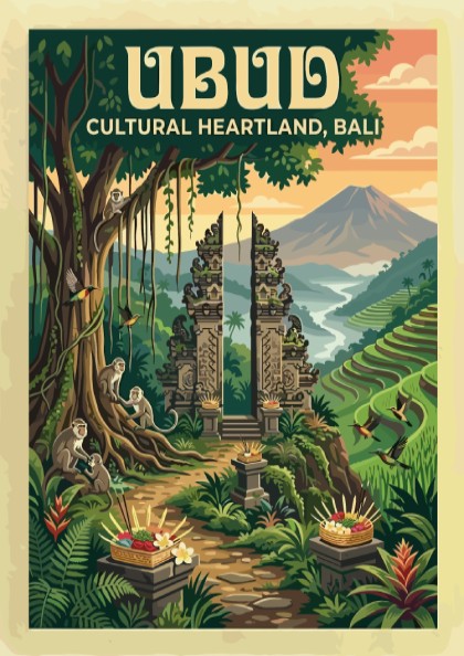 Travel poster of Ubud Bali featuring a stone gateway, monkeys, and rice terraces.