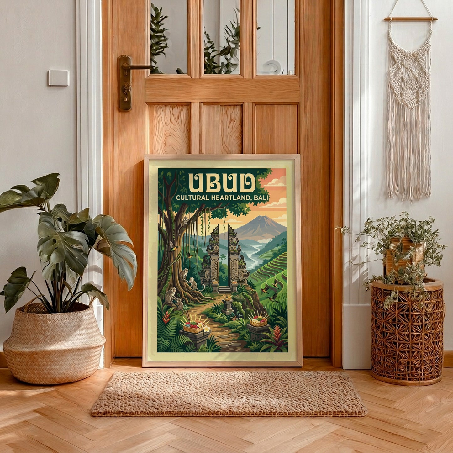 Travel poster of Ubud Bali featuring a stone gateway, monkeys, and rice terraces.