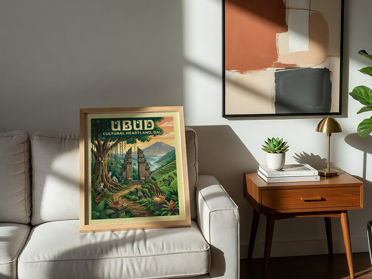 Travel poster of Ubud Bali featuring a stone gateway, monkeys, and rice terraces.