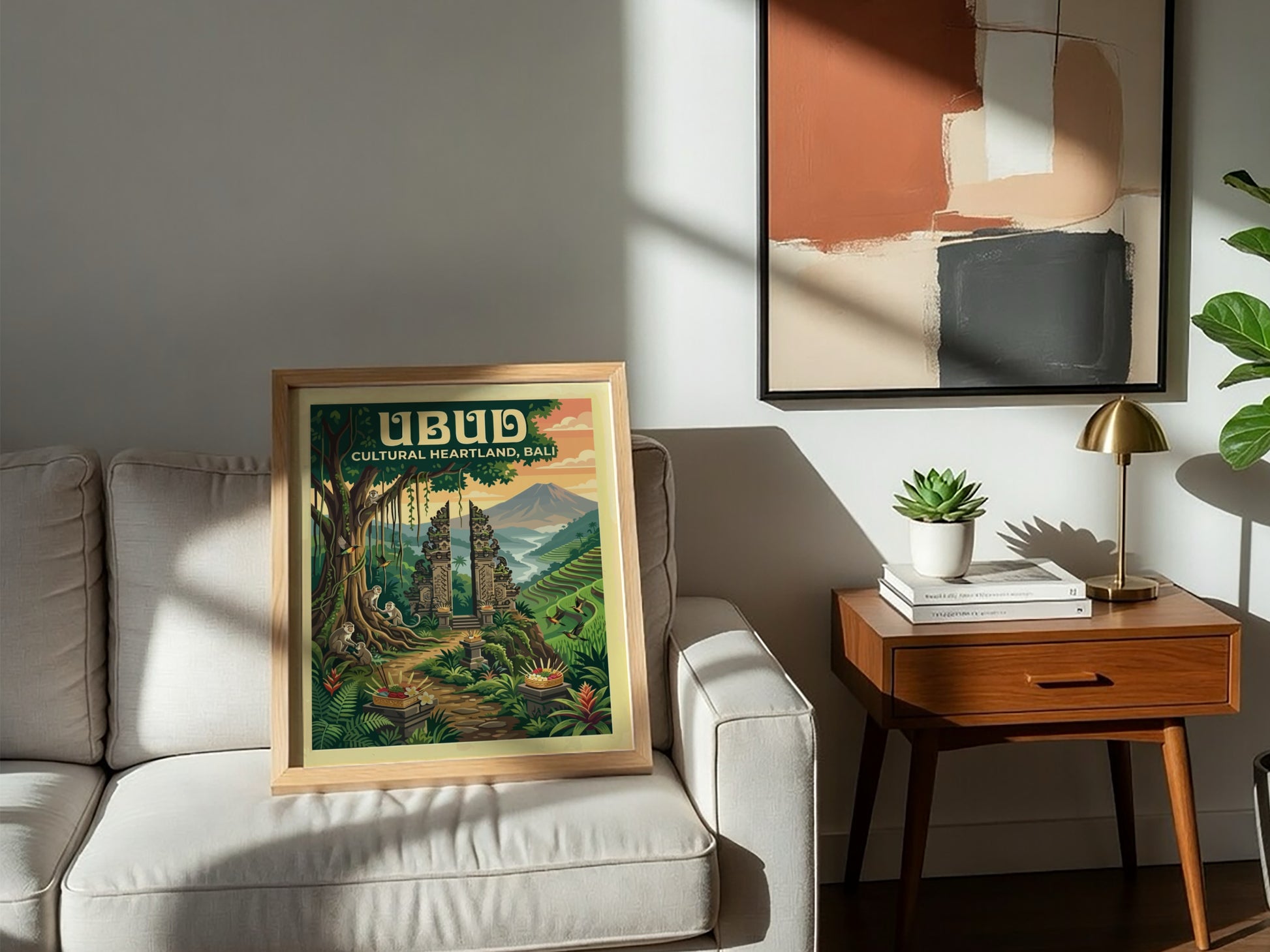 Travel poster of Ubud Bali featuring a stone gateway, monkeys, and rice terraces.