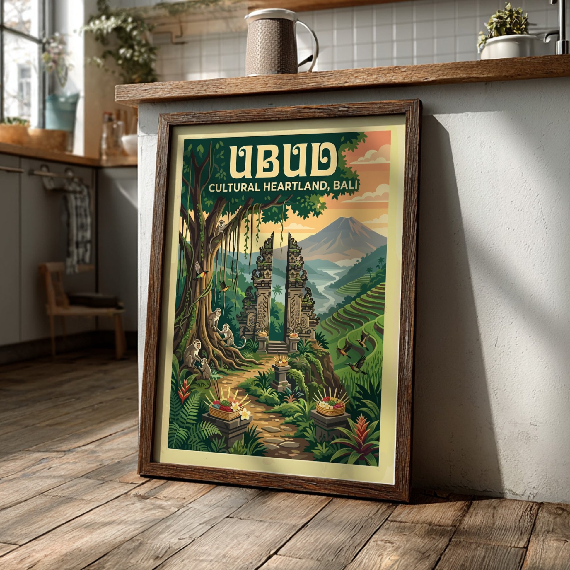 Travel poster of Ubud Bali featuring a stone gateway, monkeys, and rice terraces.