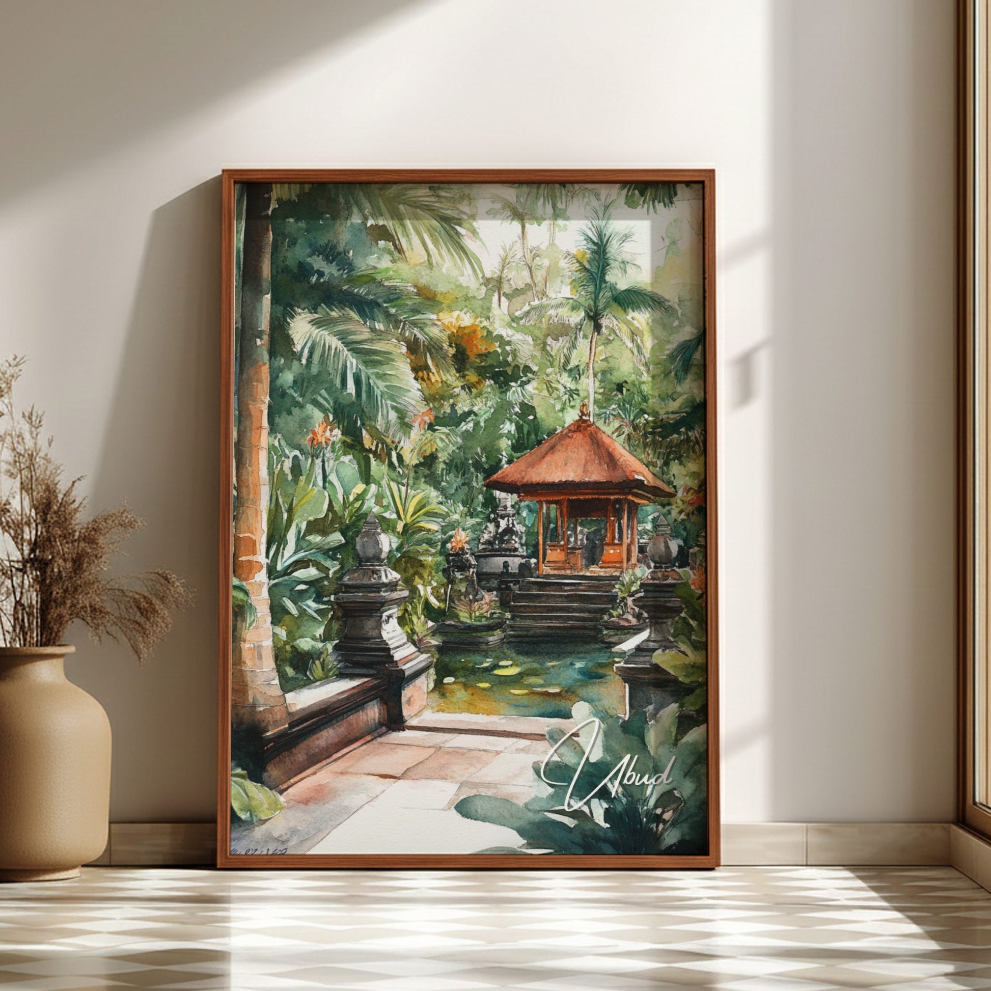 Framed painting of a tropical garden with a pagoda on a wall.