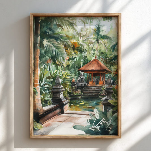 Framed artwork of a tropical scene with a pagoda and lush greenery on a white wall.