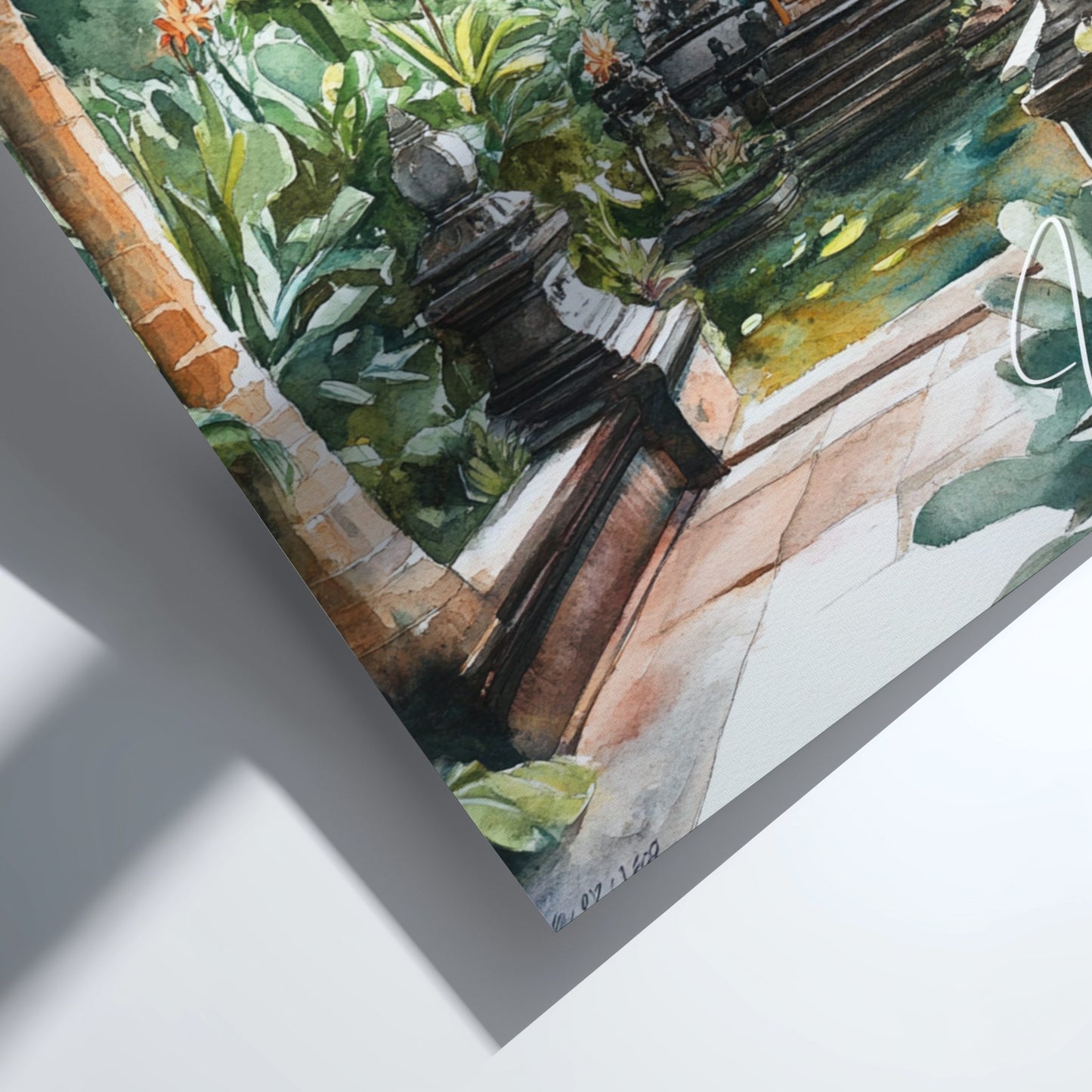 Close-up of a watercolor painting of a garden scene with plants and a bench.