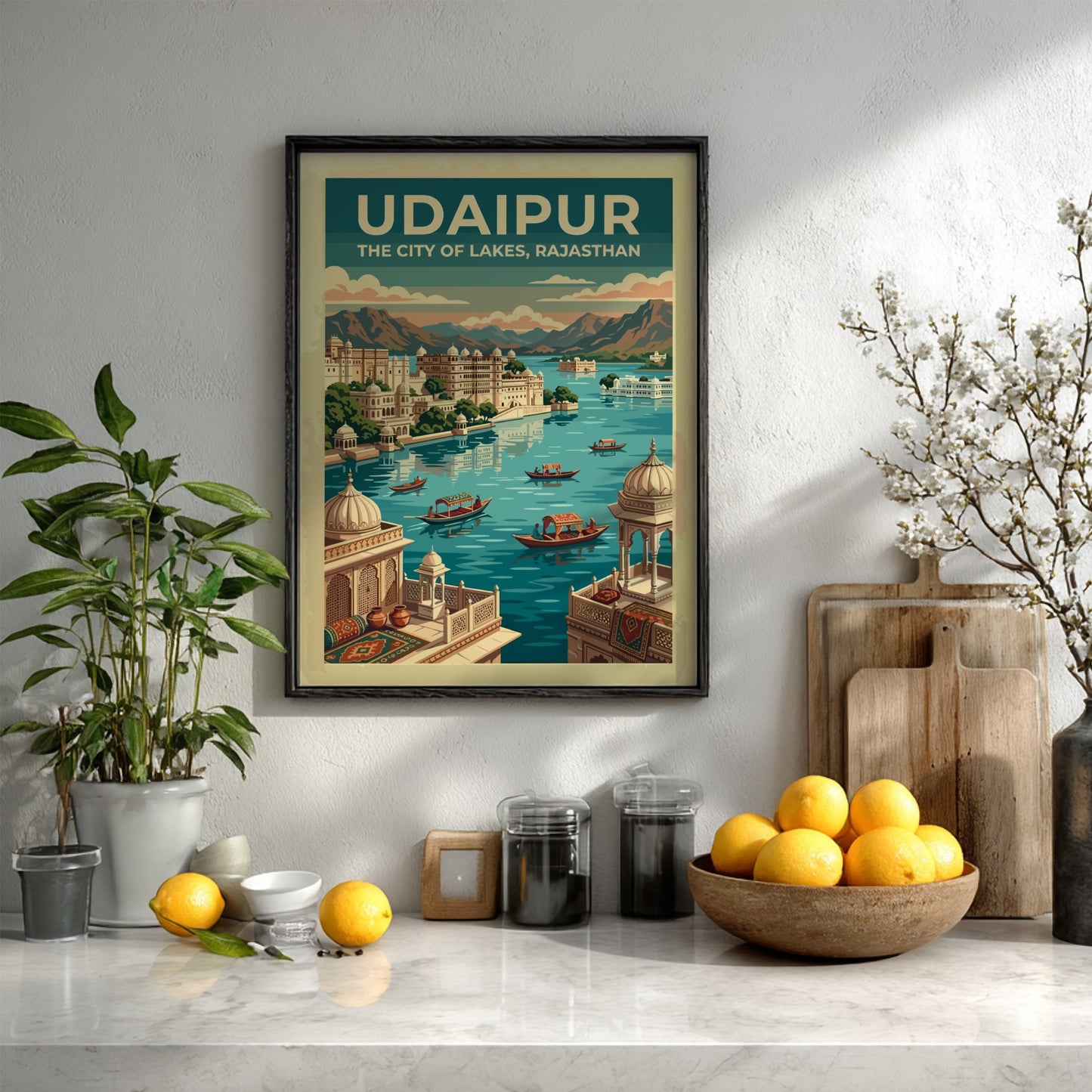 Travel poster of Udaipur featuring blue lakes, historic architecture, and mountains in Rajasthan.