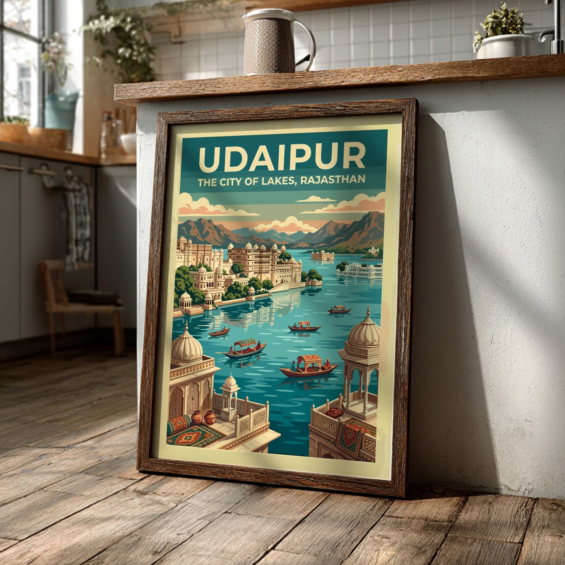 Travel poster of Udaipur featuring blue lakes, historic architecture, and mountains in Rajasthan.