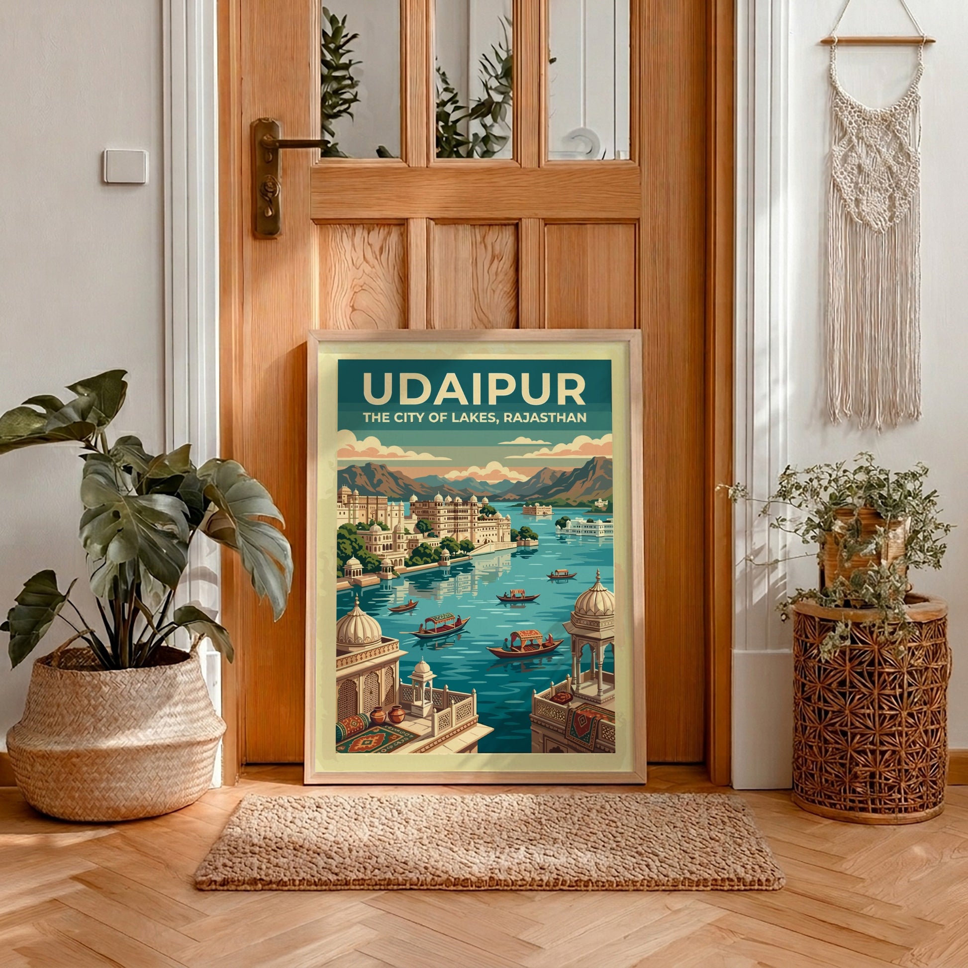 Travel poster of Udaipur featuring blue lakes, historic architecture, and mountains in Rajasthan.