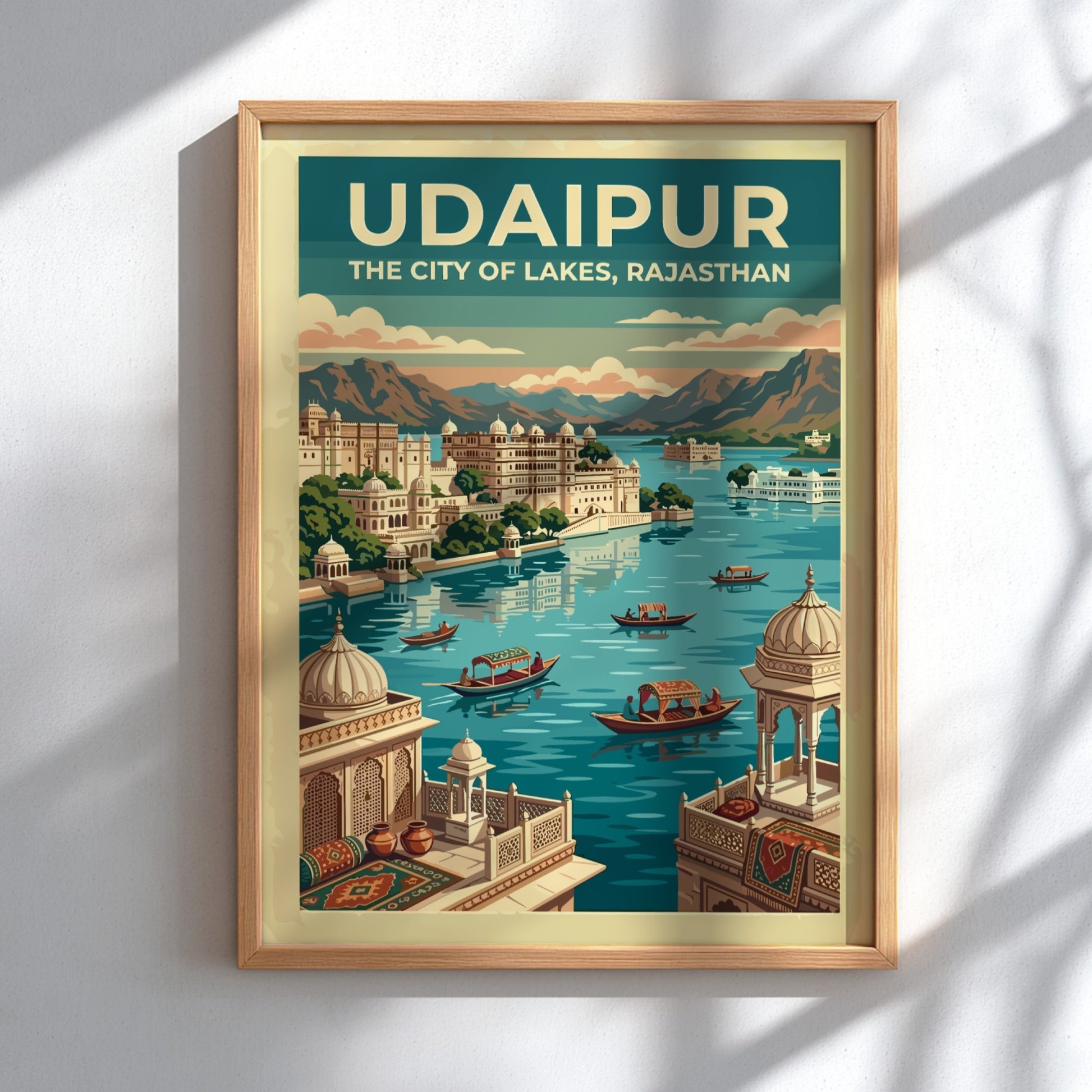 Travel poster of Udaipur featuring blue lakes, historic architecture, and mountains in Rajasthan.
