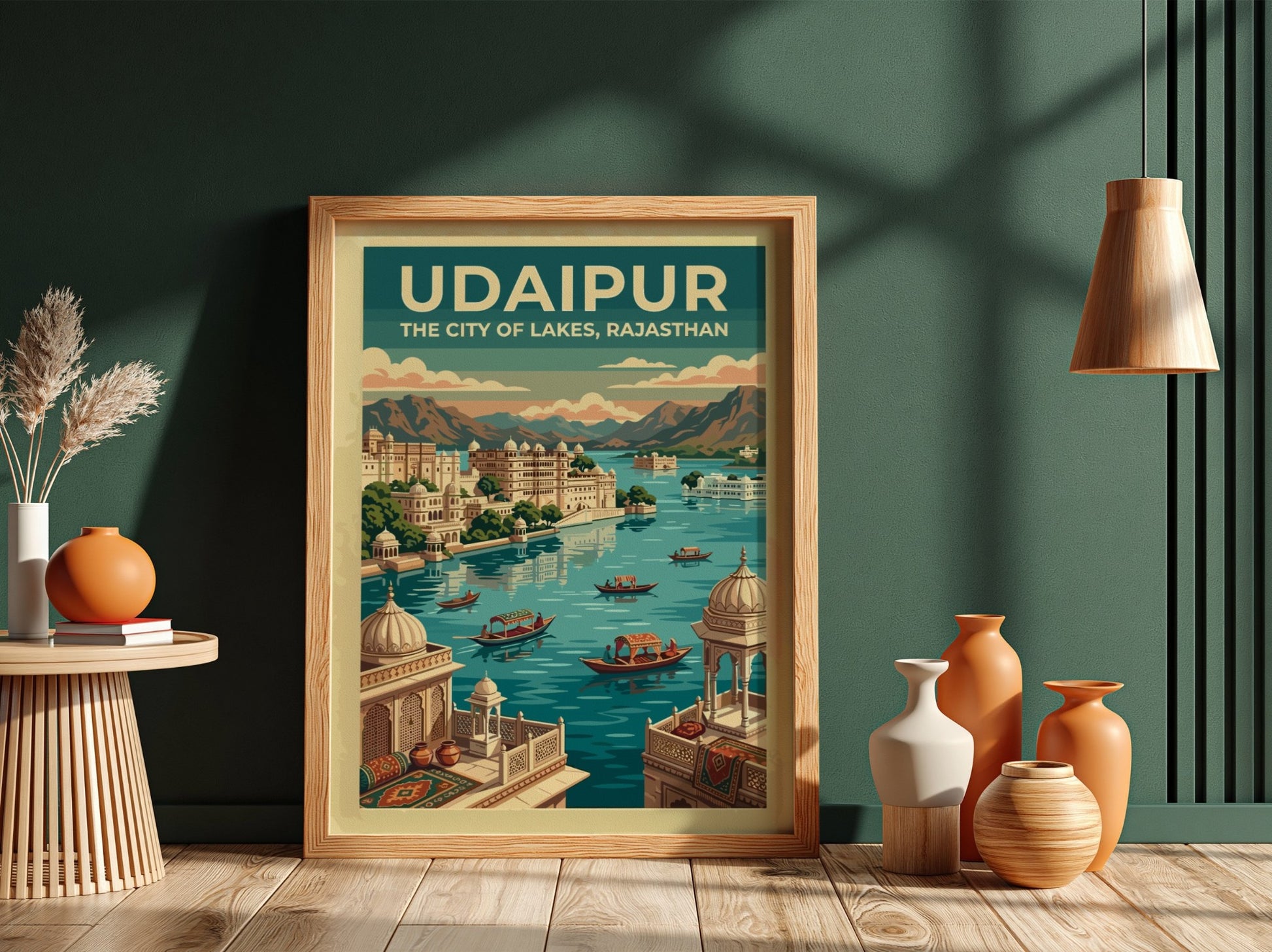 Travel poster of Udaipur featuring blue lakes, historic architecture, and mountains in Rajasthan.