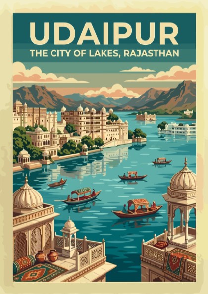 Travel poster of Udaipur featuring blue lakes, historic architecture, and mountains in Rajasthan.