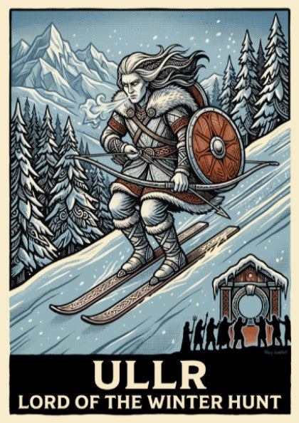 Poster of Ullr the Norse god skiing in a winter forest with bow