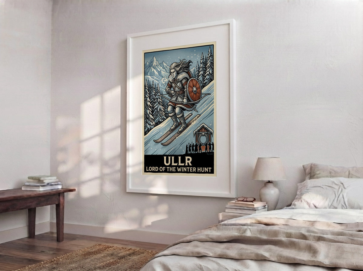 Poster of Ullr the Norse god skiing in a winter forest with bow