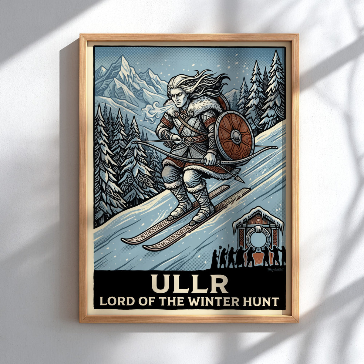 Poster of Ullr the Norse god skiing in a winter forest with bow
