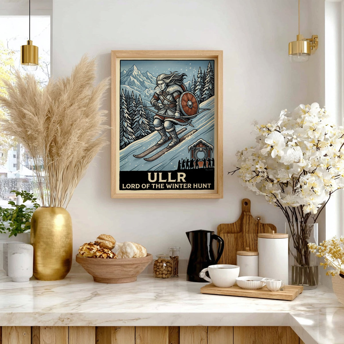 Poster of Ullr the Norse god skiing in a winter forest with bow