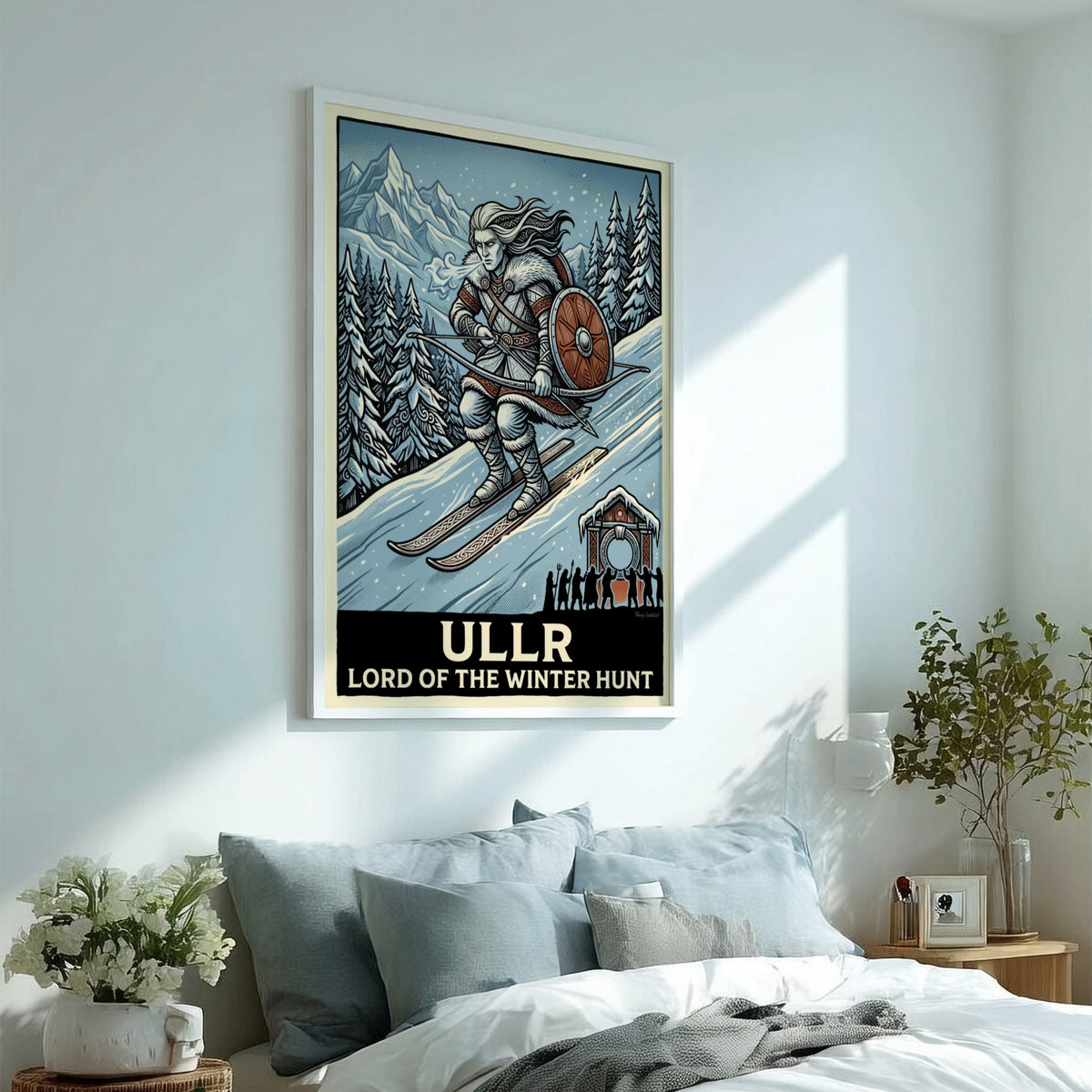 Poster of Ullr the Norse god skiing in a winter forest with bow