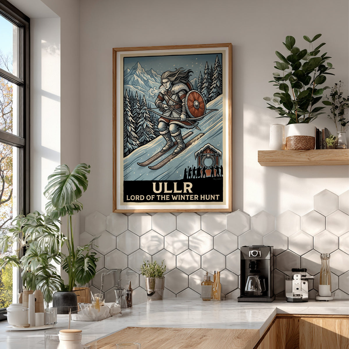 Poster of Ullr the Norse god skiing in a winter forest with bow