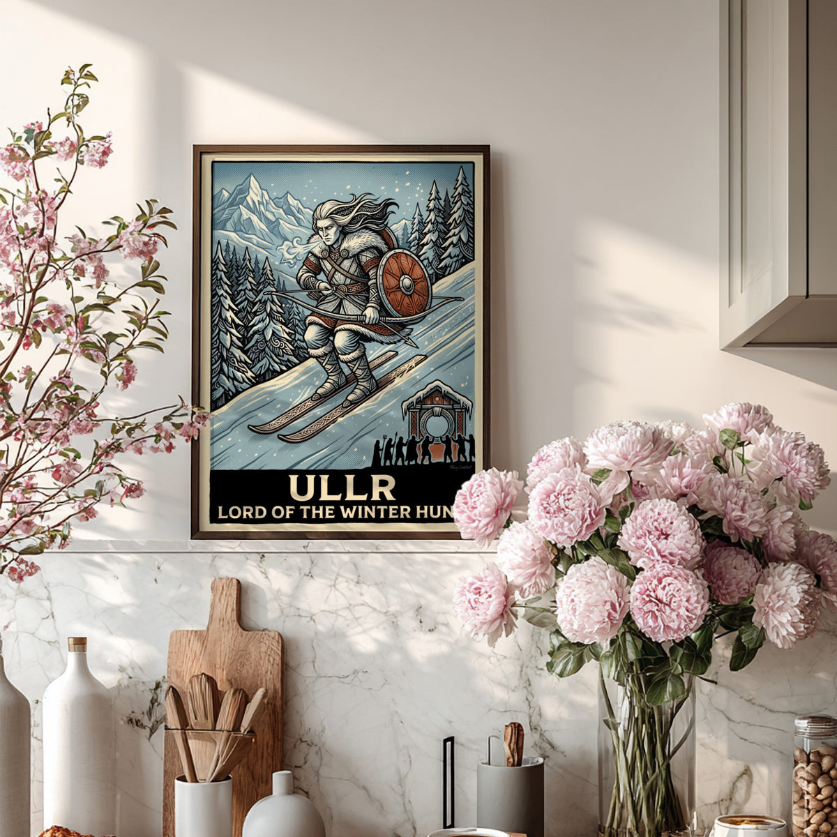Poster of Ullr the Norse god skiing in a winter forest with bow
