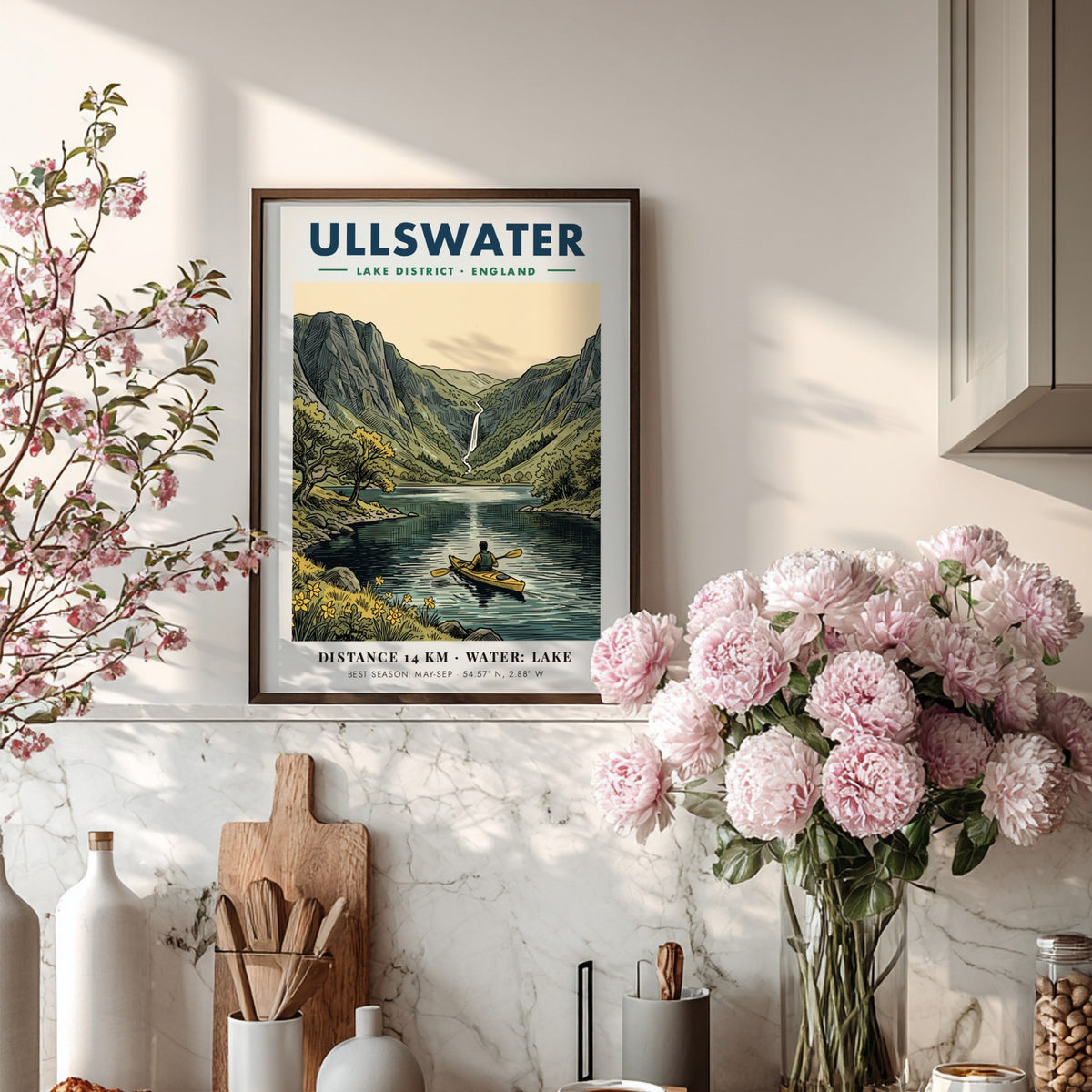 Travel poster of Ullswater featuring a kayaker on a lake beneath green mountains.