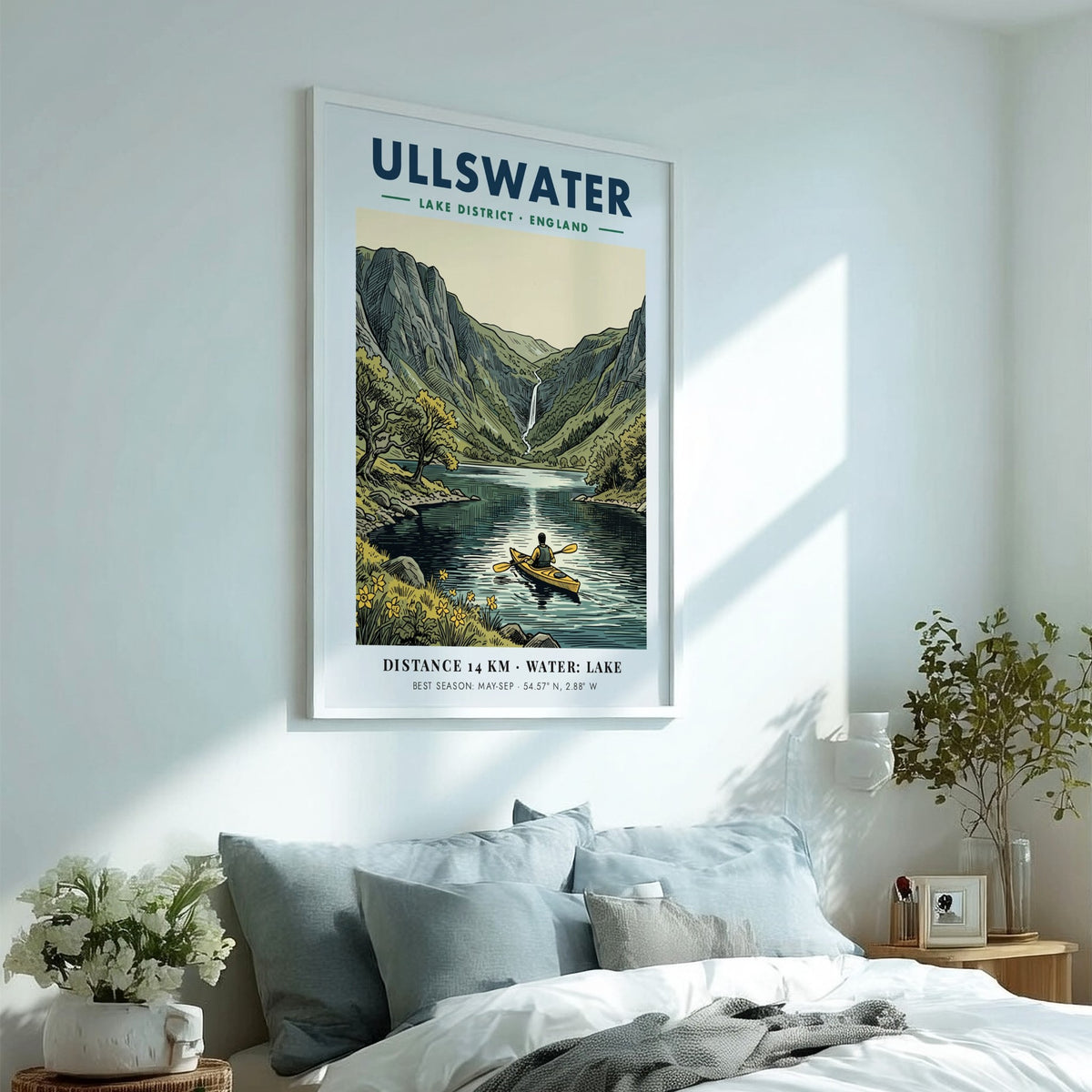 Travel poster of Ullswater featuring a kayaker on a lake beneath green mountains.