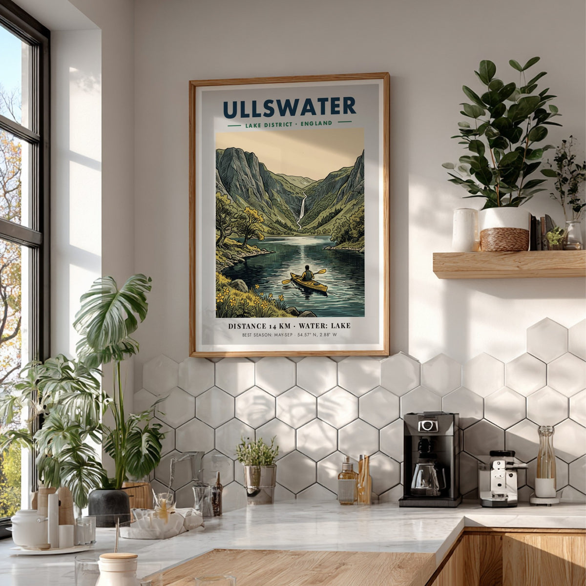 Travel poster of Ullswater featuring a kayaker on a lake beneath green mountains.